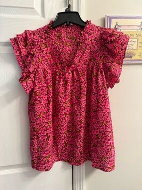Women's Pink Floral Ruffle Sleeve Blouse